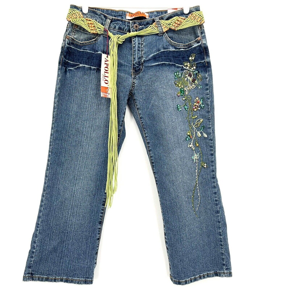 Apollo Jeans Blue Cropped Embroidered Jeans with Green Accent Belt